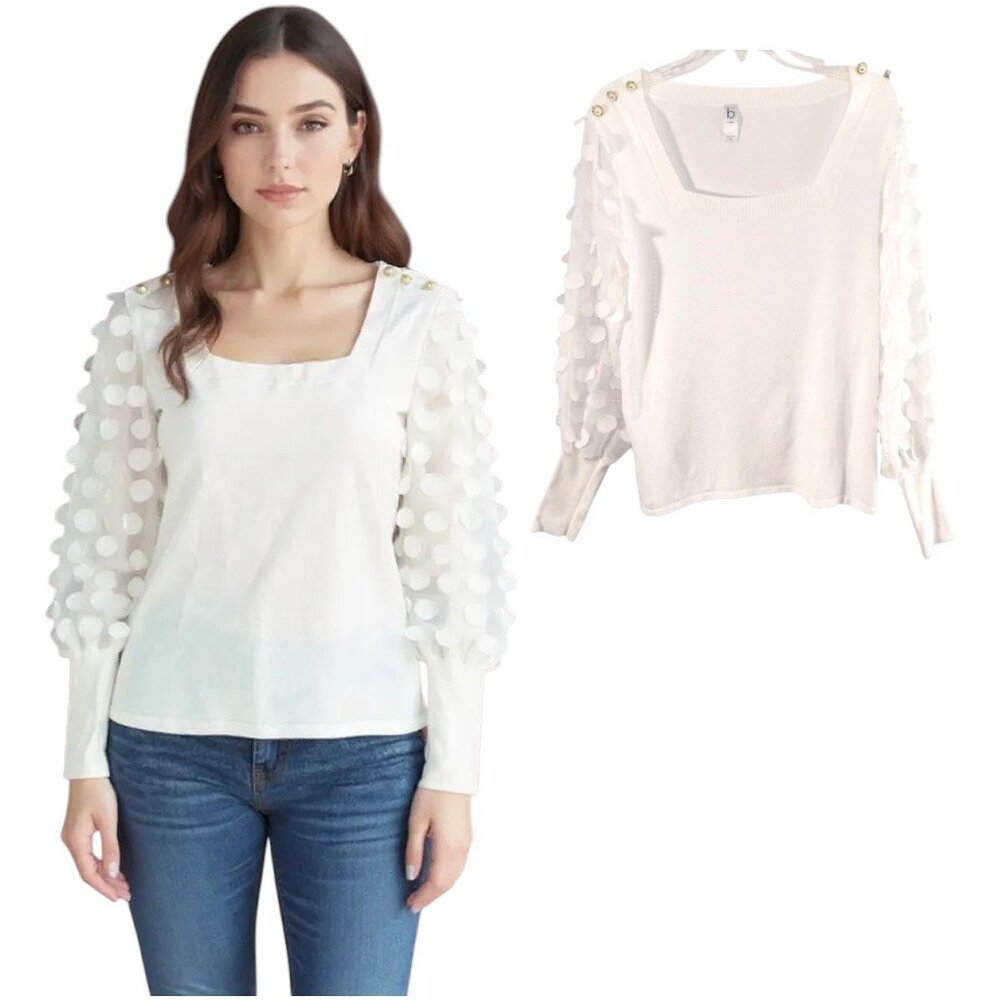 b by Belldini Top Women's Sz M White Knit Sheer puff Sleeve Square Neck pullover